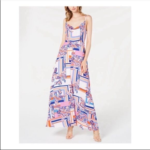Foxiedox Kai Chiffon Maxi Dress Geometric Floral Stripe Multi Print XS - Picture 1 of 15